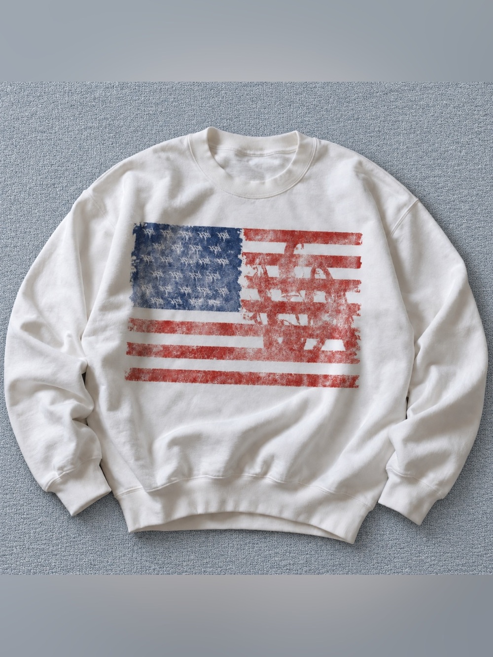 Gildan White Crewneck Sweatshirt with Distressed Red and Blue Flag
